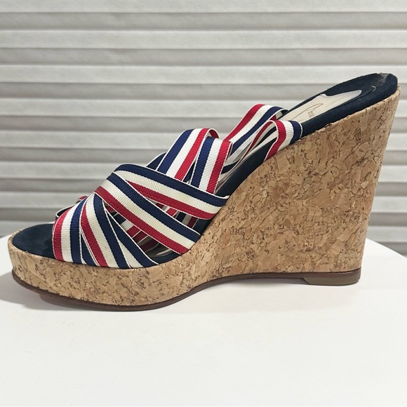🌺CHRISTIAN LOUBOUTIN 🌺 Red White Blue Cork Wedges Size: 37.5 - Picture 2 of 11